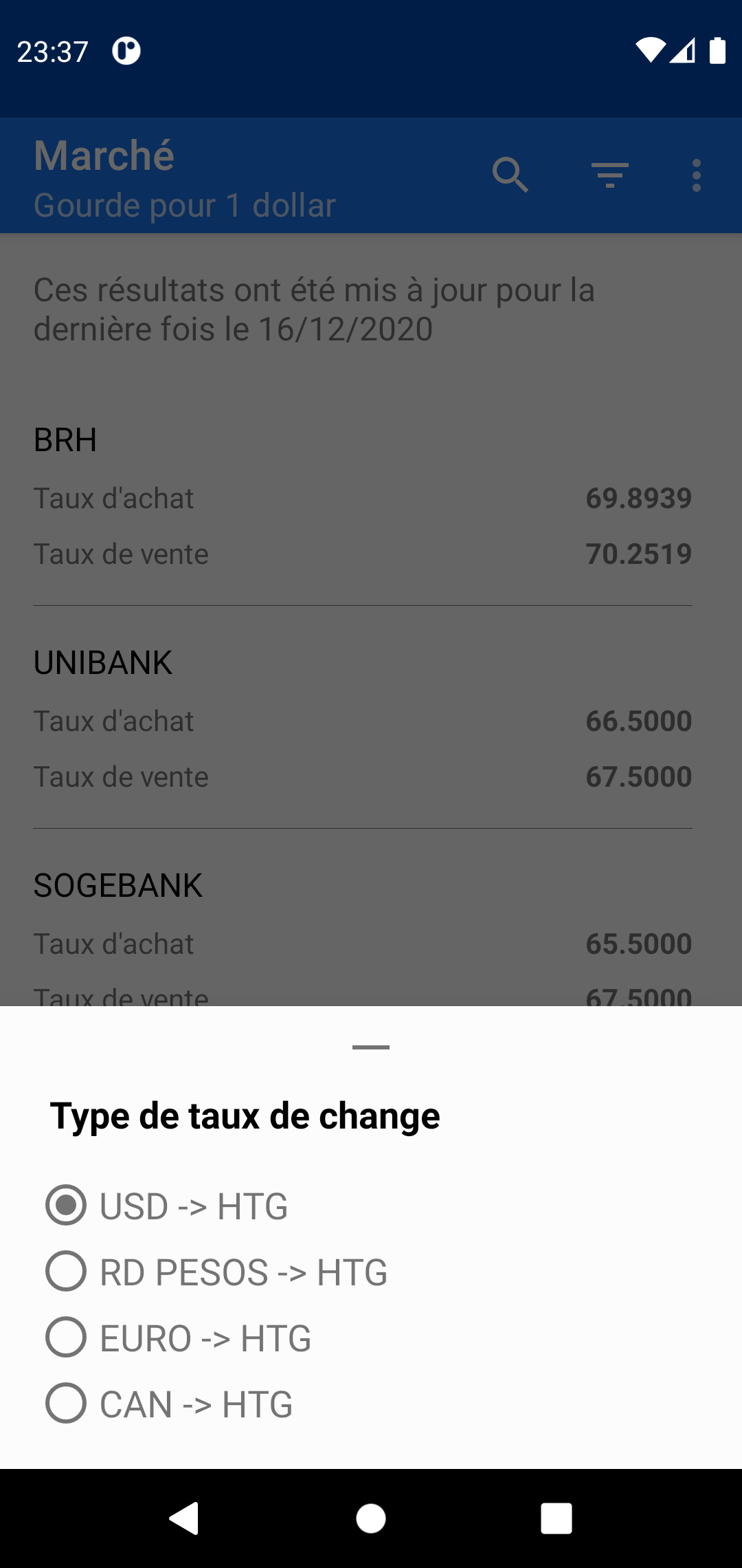 Capture d'écran des types de taux possible
