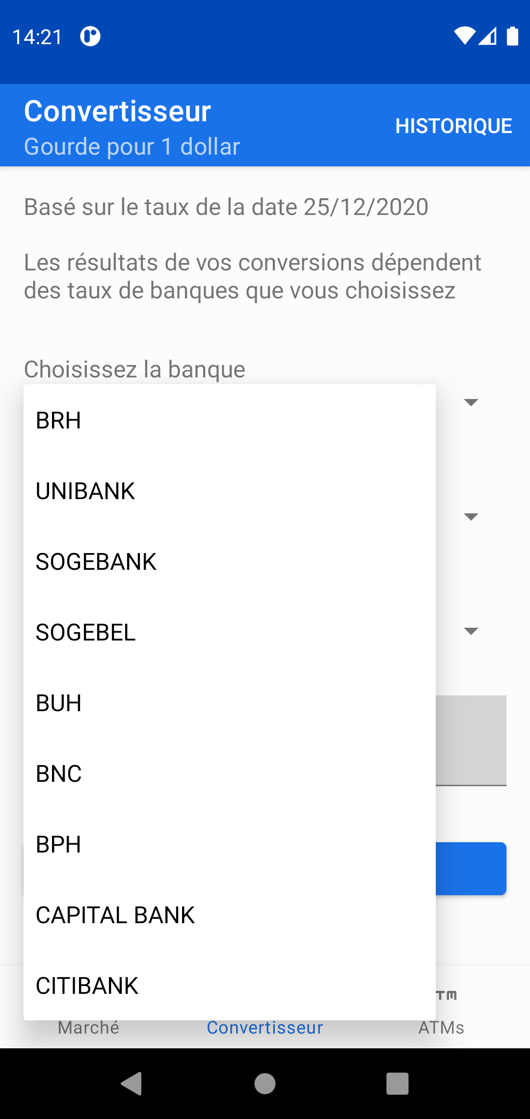 Capture d'écran des types de taux possible