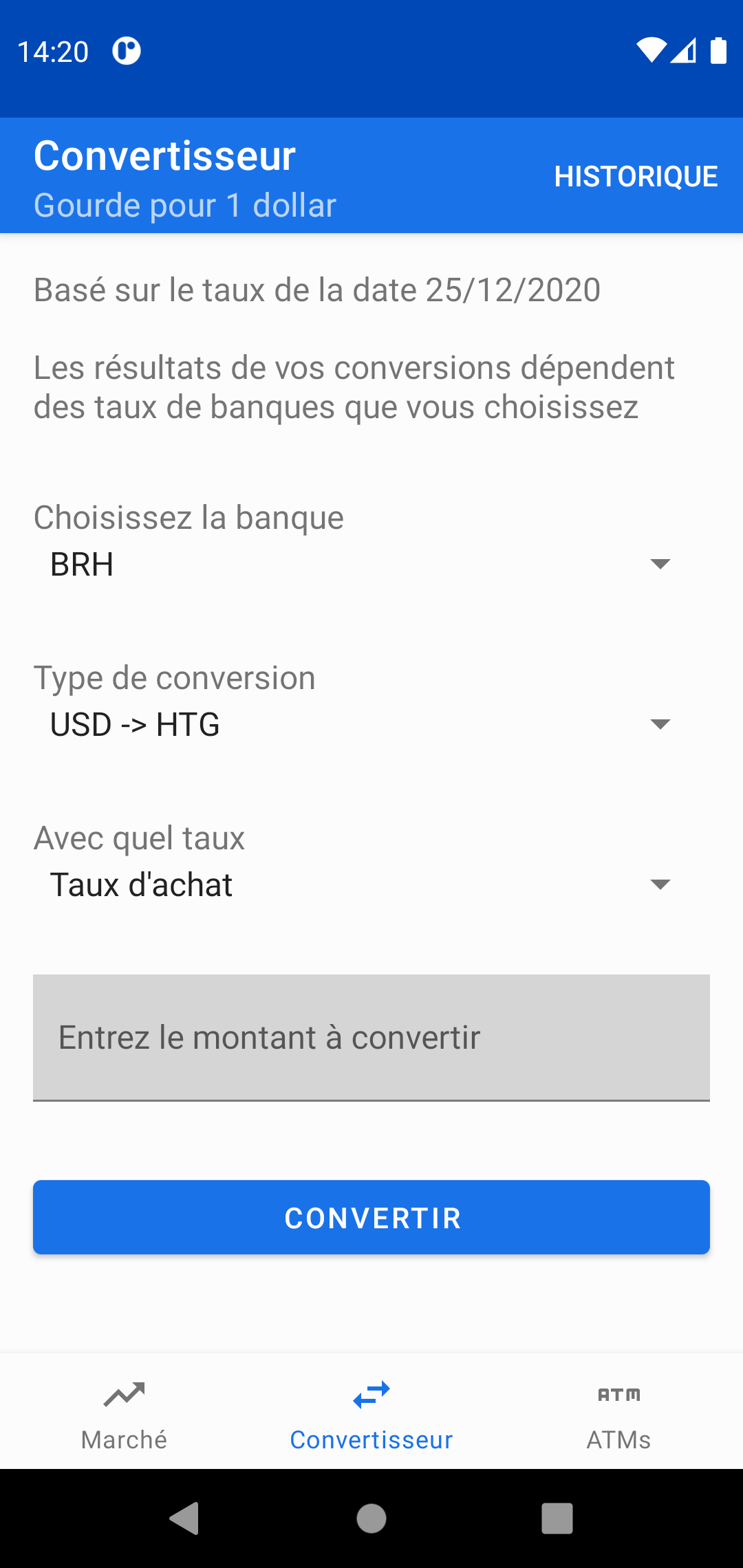 Capture d'écran des types de taux possible