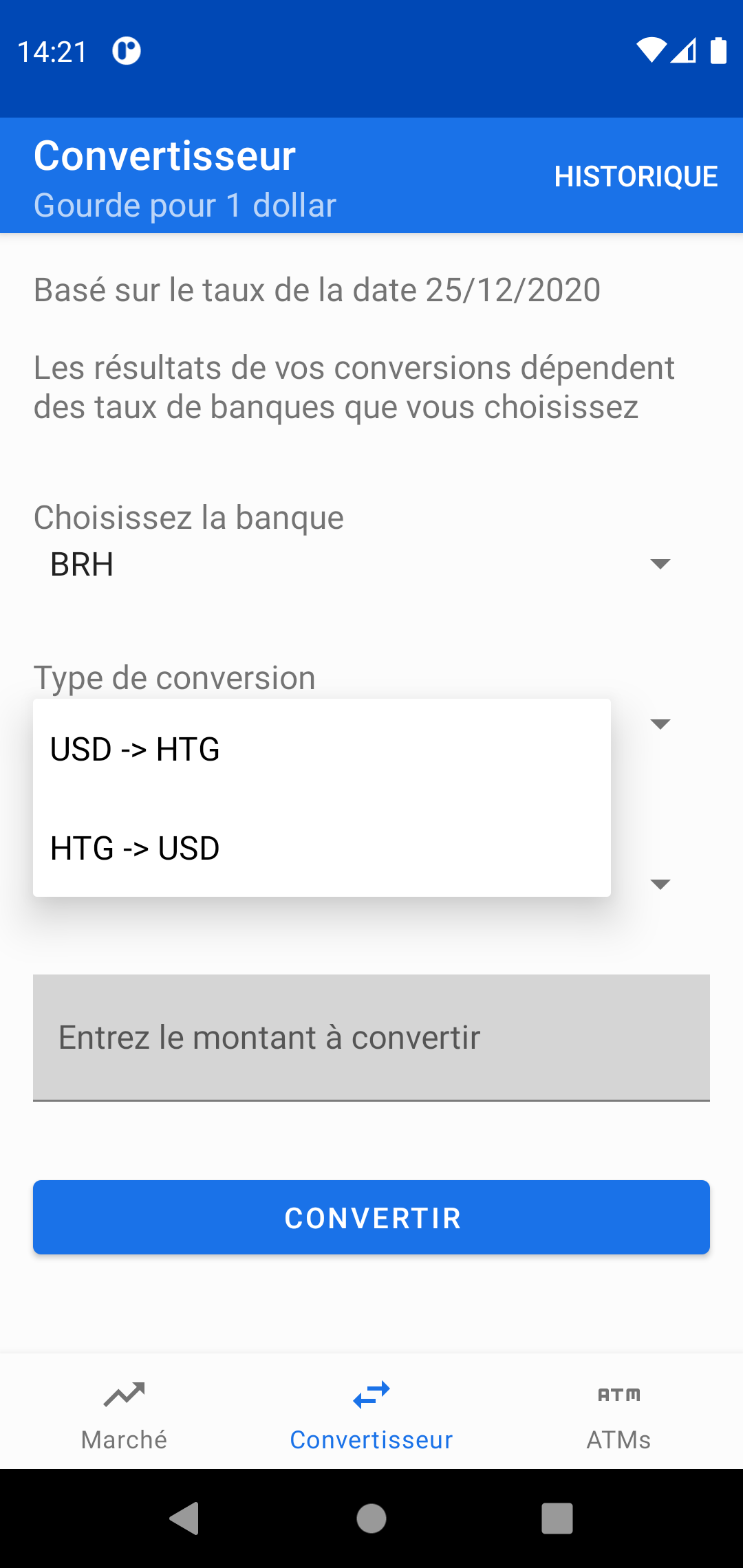 Capture d'écran des types de taux possible