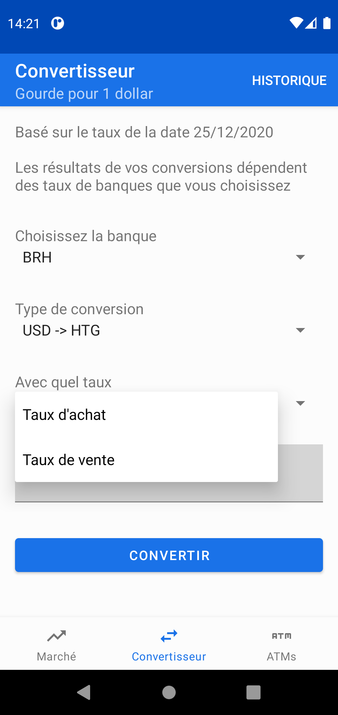 Capture d'écran des types de taux possible