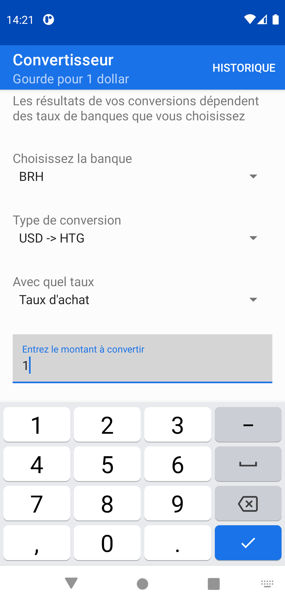 Capture d'écran des types de taux possible