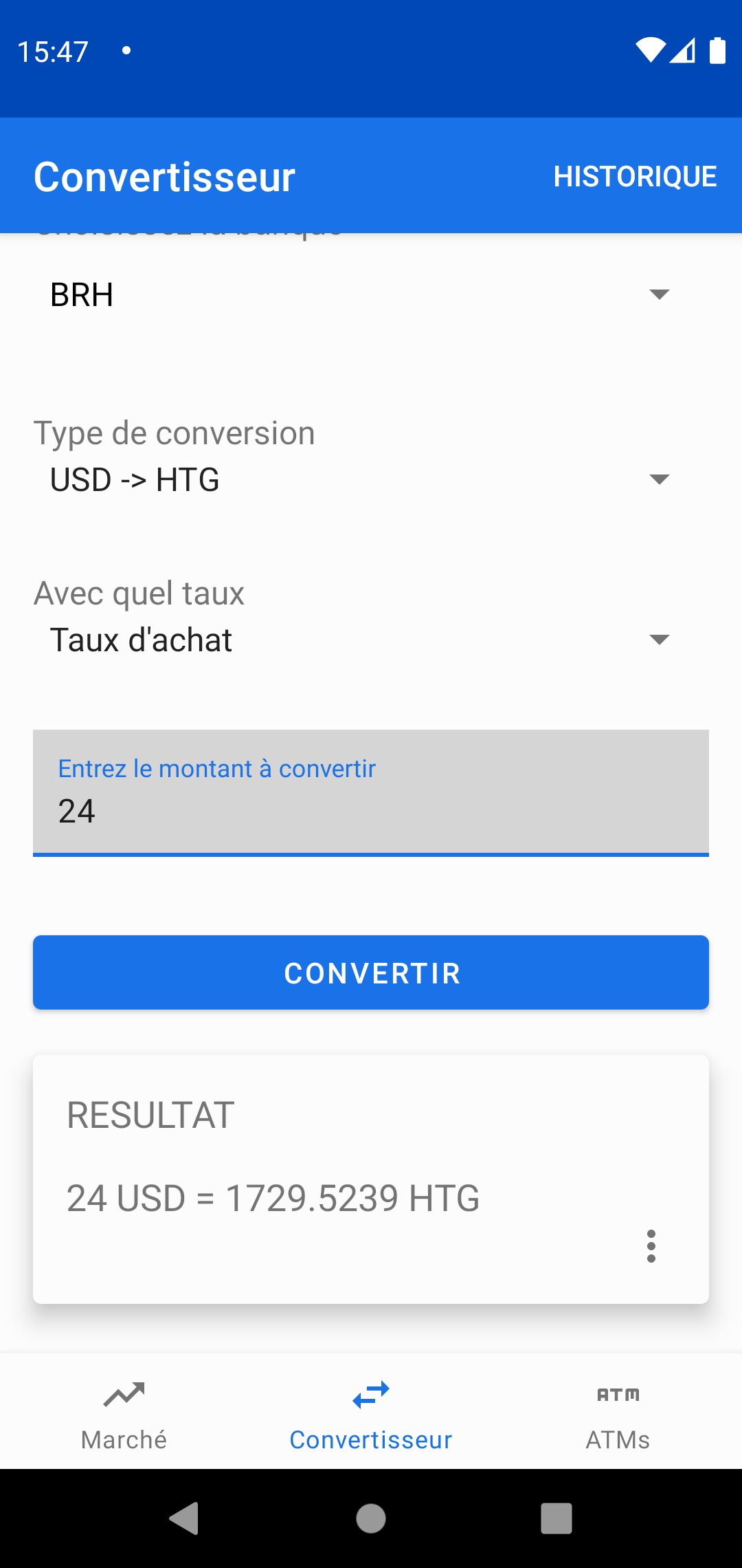 Capture d'écran des types de taux possible