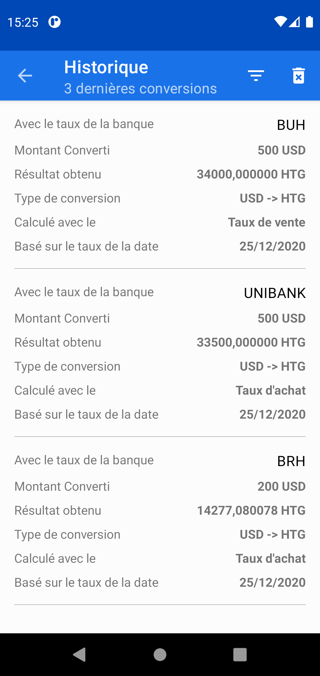 Capture d'écran des types de taux possible