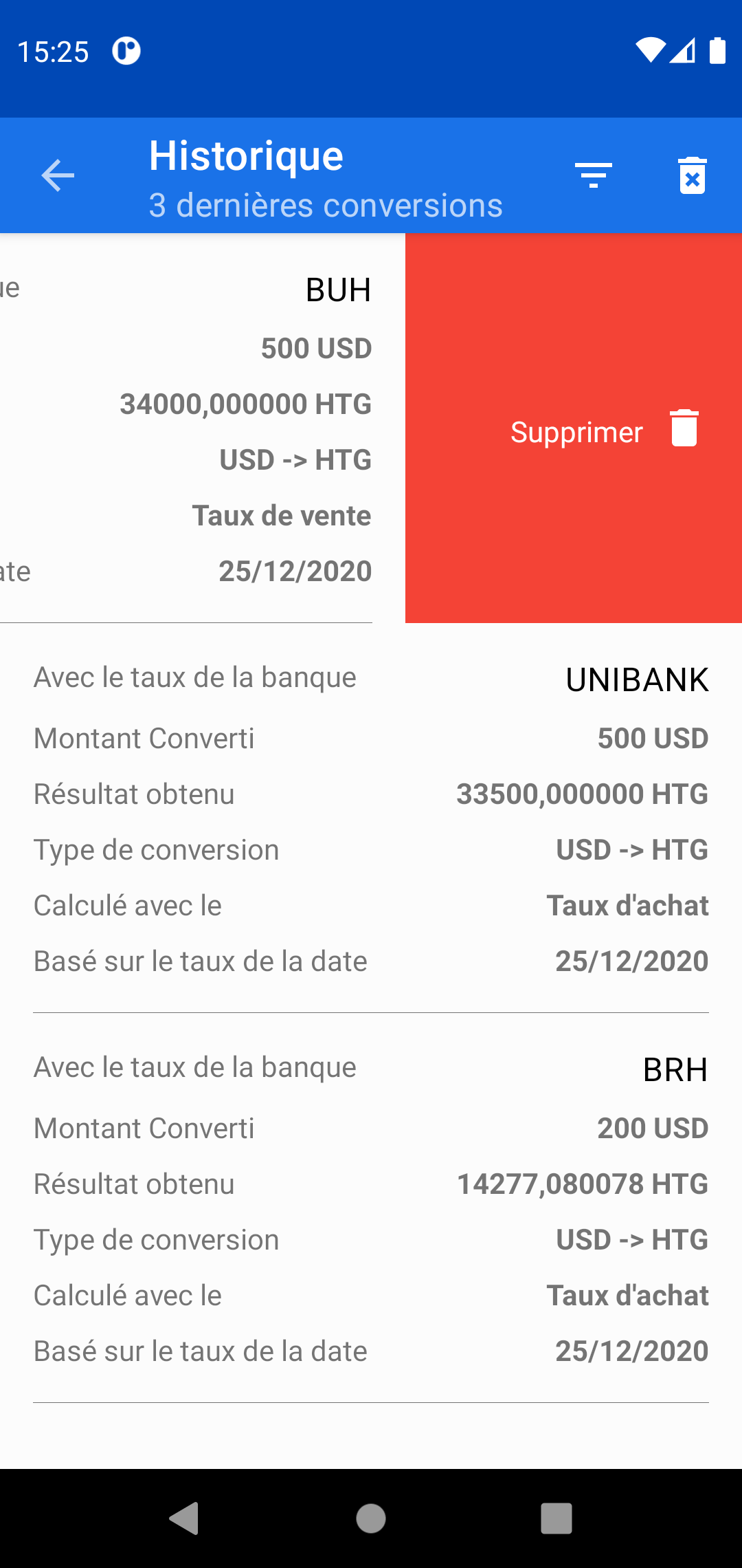 Capture d'écran des types de taux possible