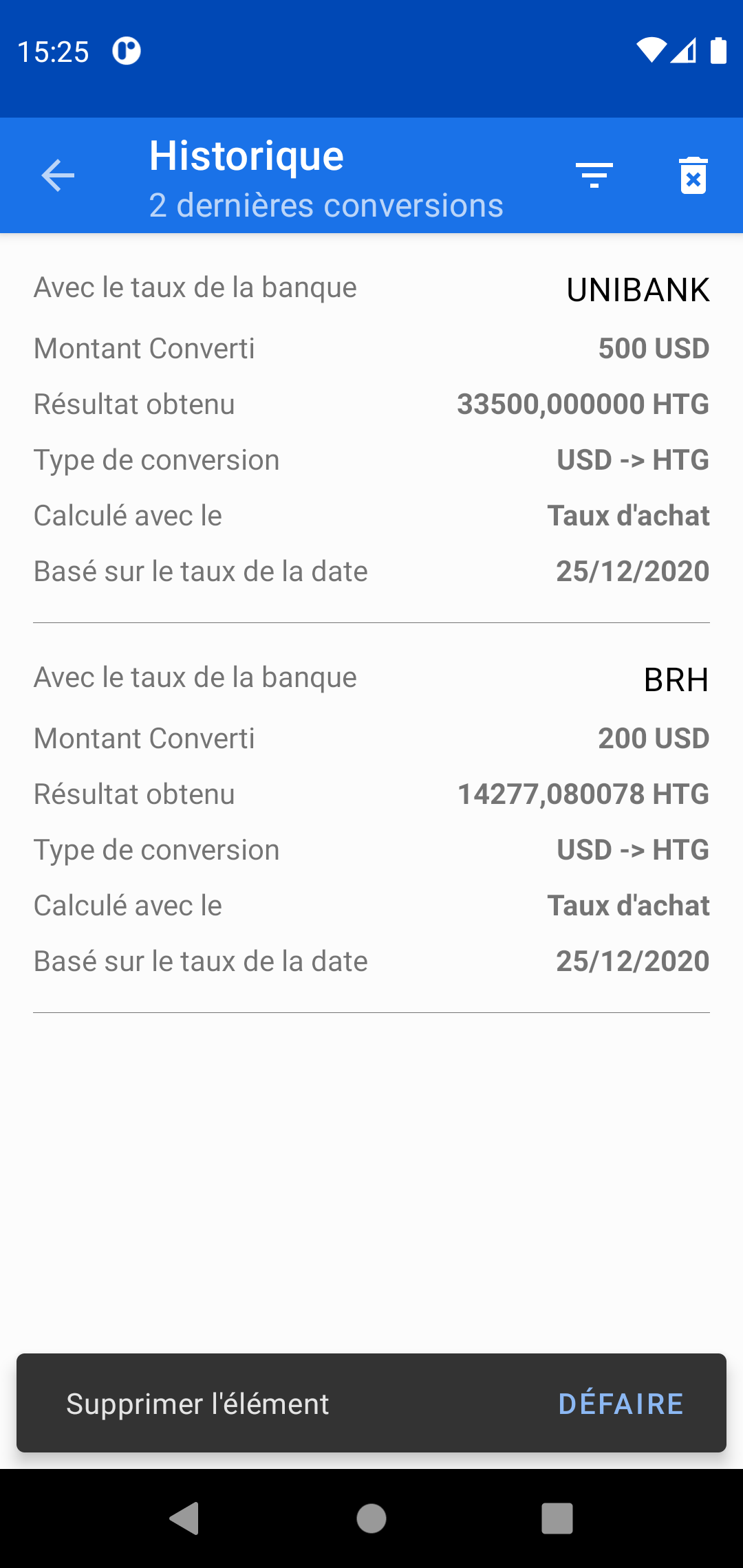 Capture d'écran des types de taux possible