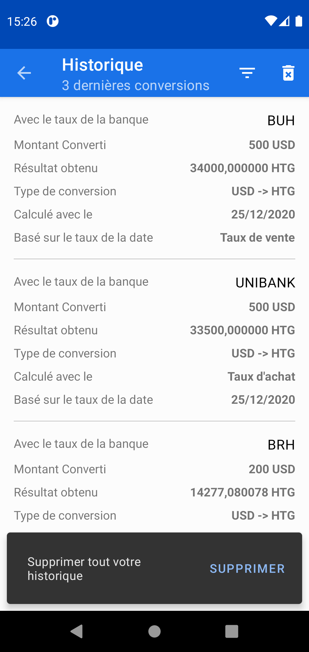 Capture d'écran des types de taux possible