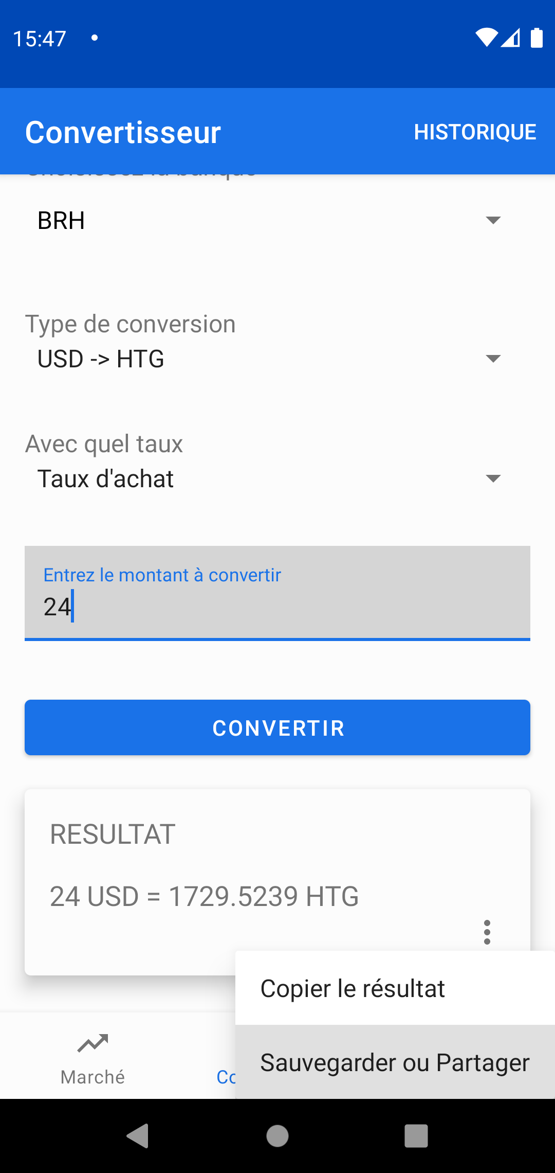 Capture d'écran des types de taux possible